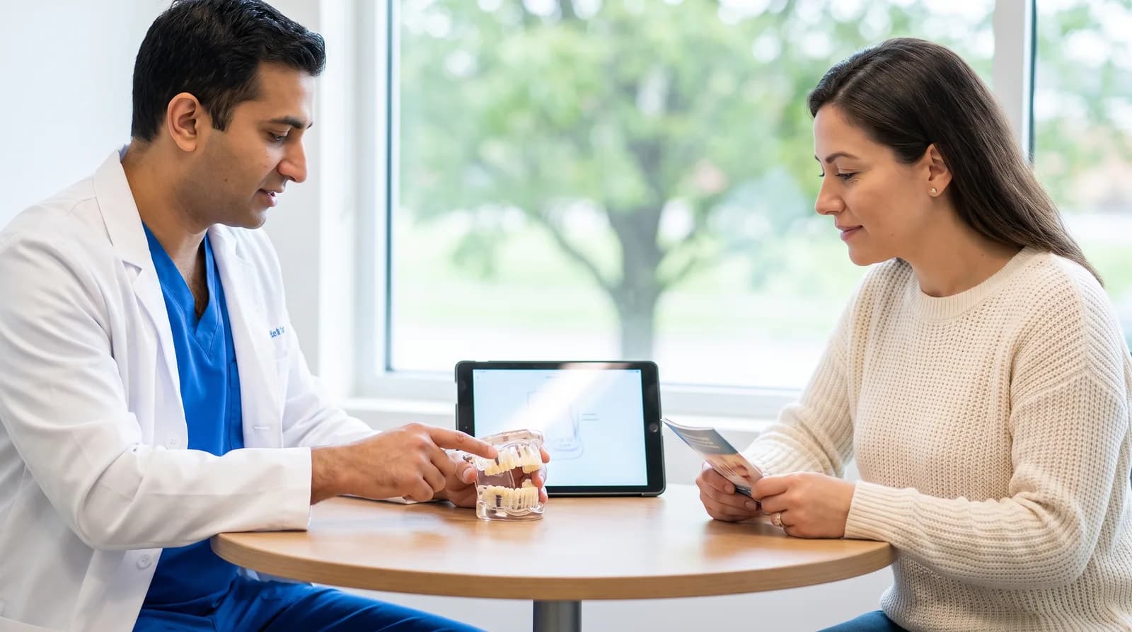 Dentist explaining the dental implant procedure step by step to a patient