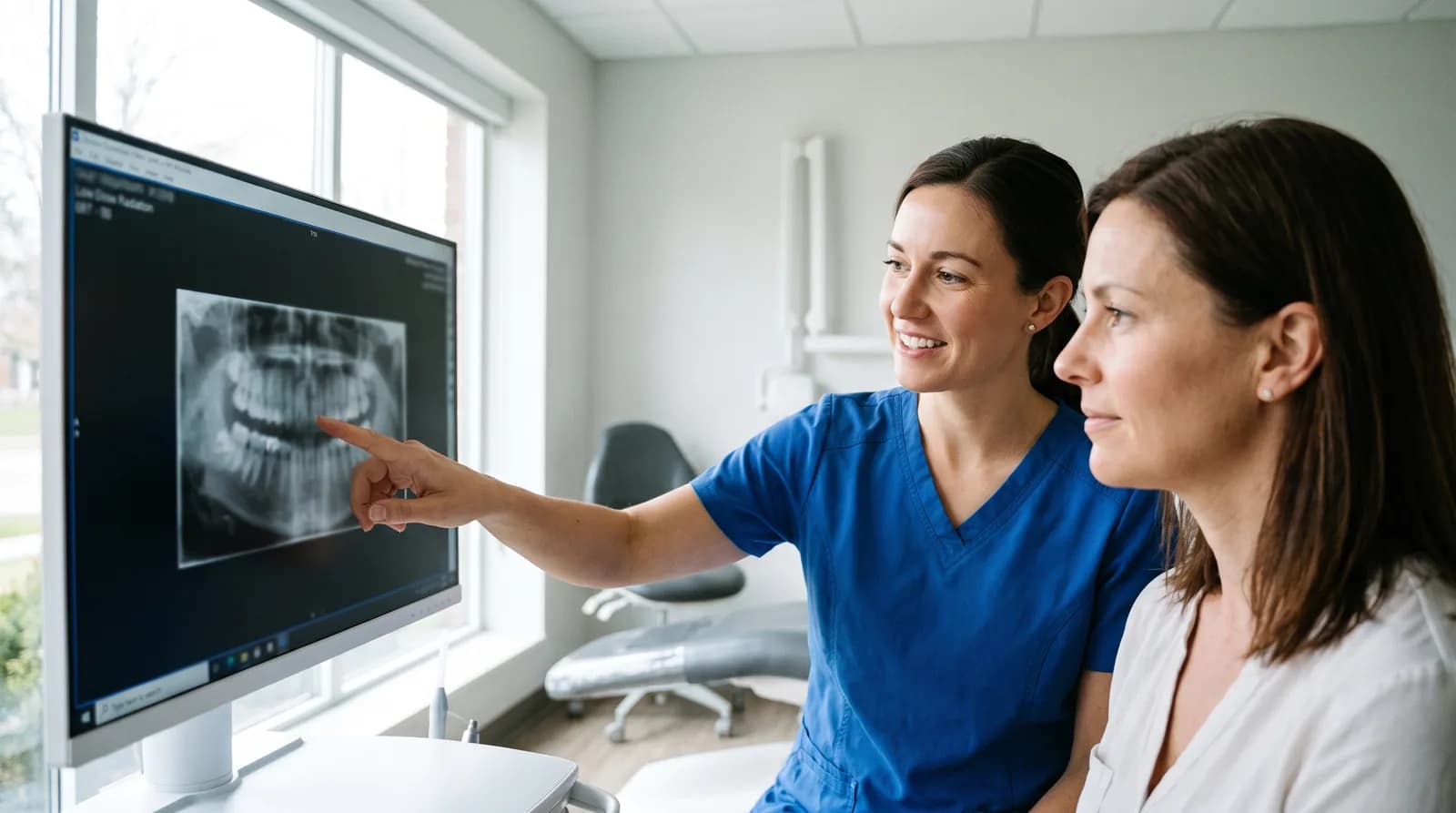 Dental x-ray safety: a dental assistant positioning a digital X-ray sensor at Peterborough Family Dental