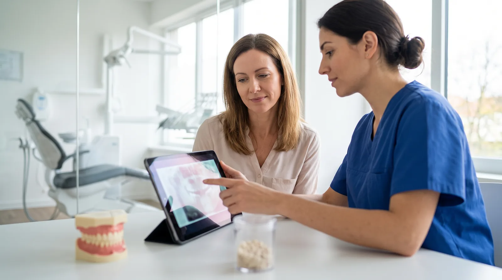 Dentist reviewing a 3D scan to decide on a bone graft after tooth extraction