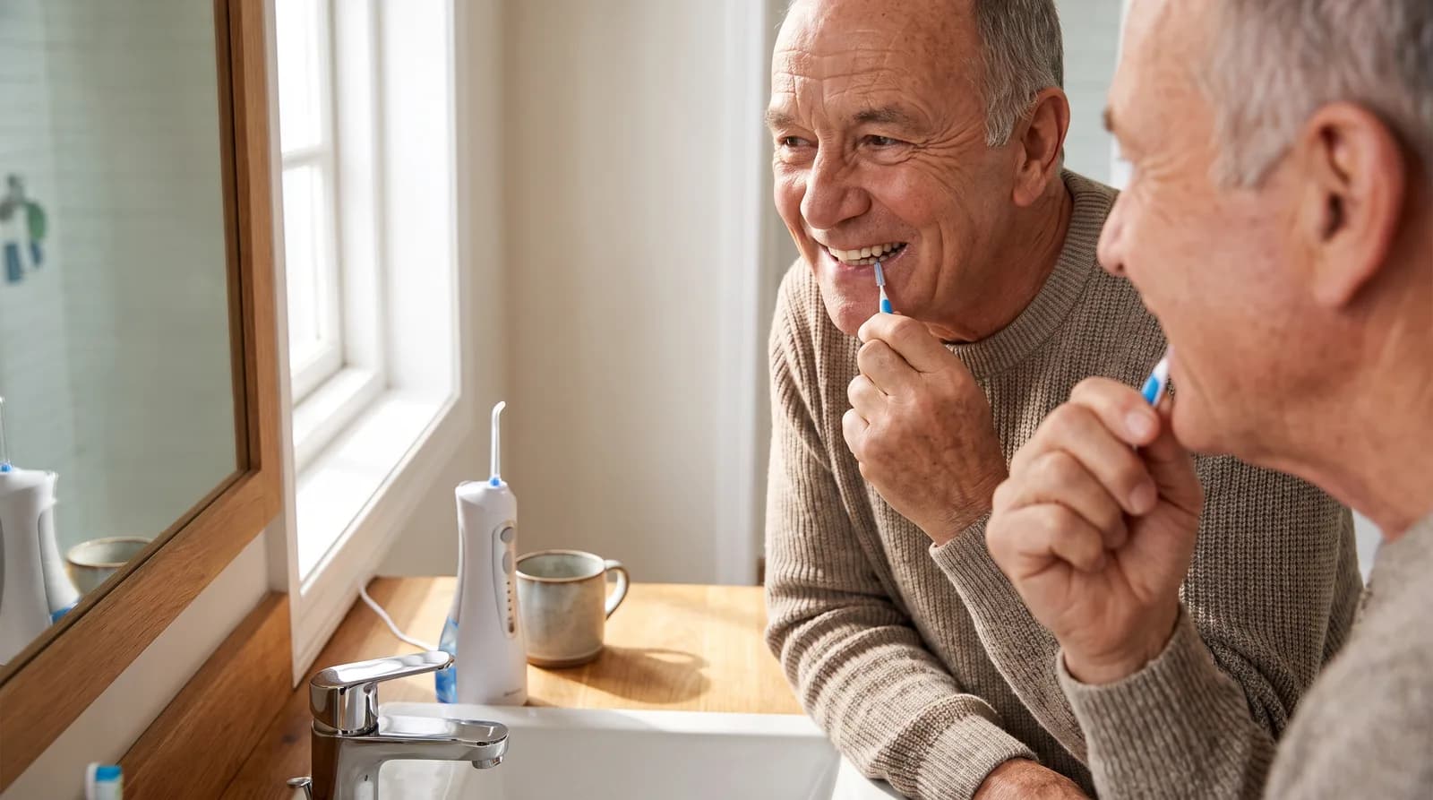 Dentist explaining how long dental implants last using an implant model