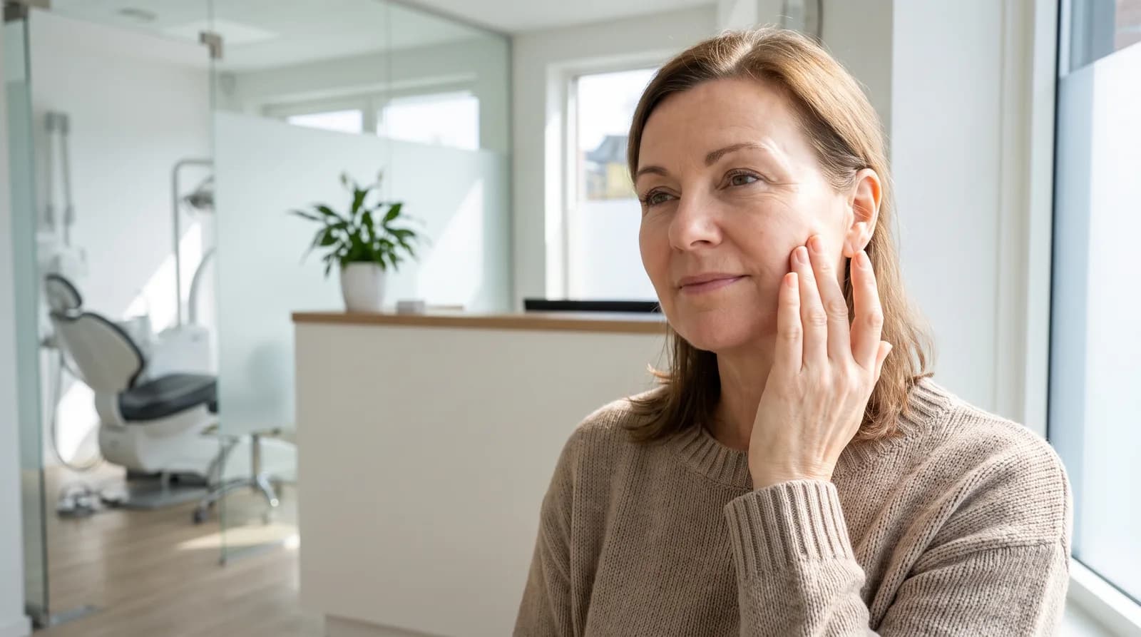 How long does dental numbing last: patient touching a numb cheek after a dental filling