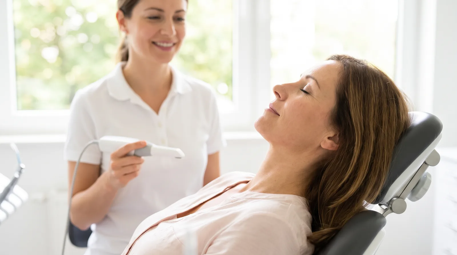 How to stop gagging at the dentist: patient relaxing during a gentle dental visit
