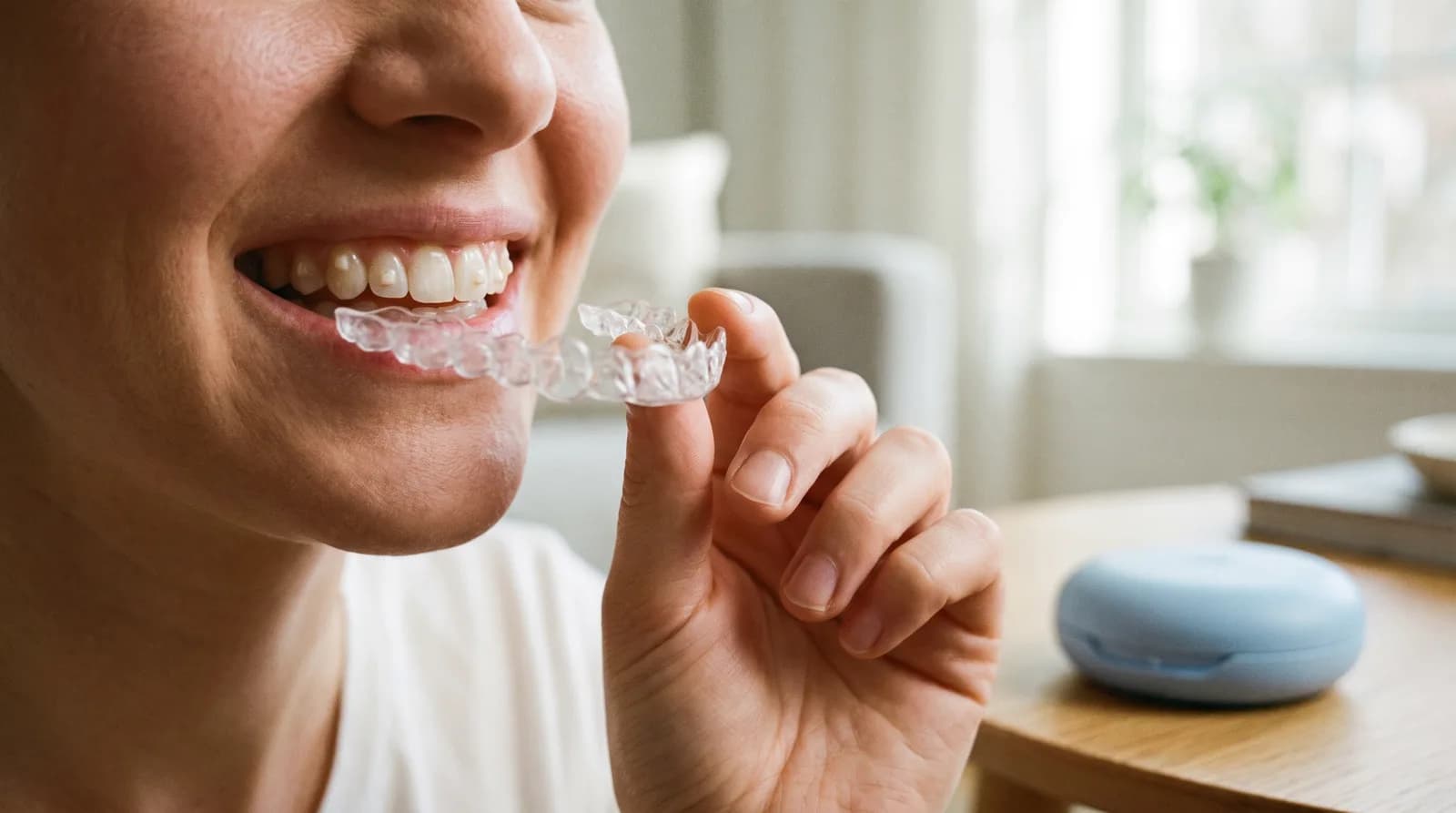Invisalign attachments: close-up of tooth-colored bumps on teeth with a clear aligner