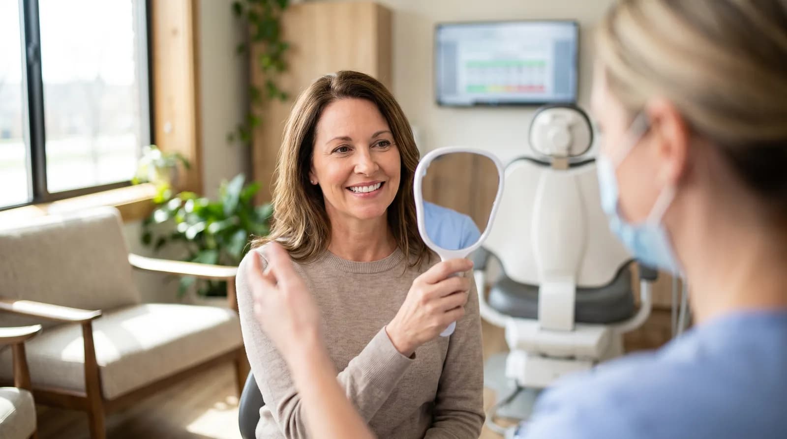 Dentist comparing tooth replacement options including implants, bridges, and dentures