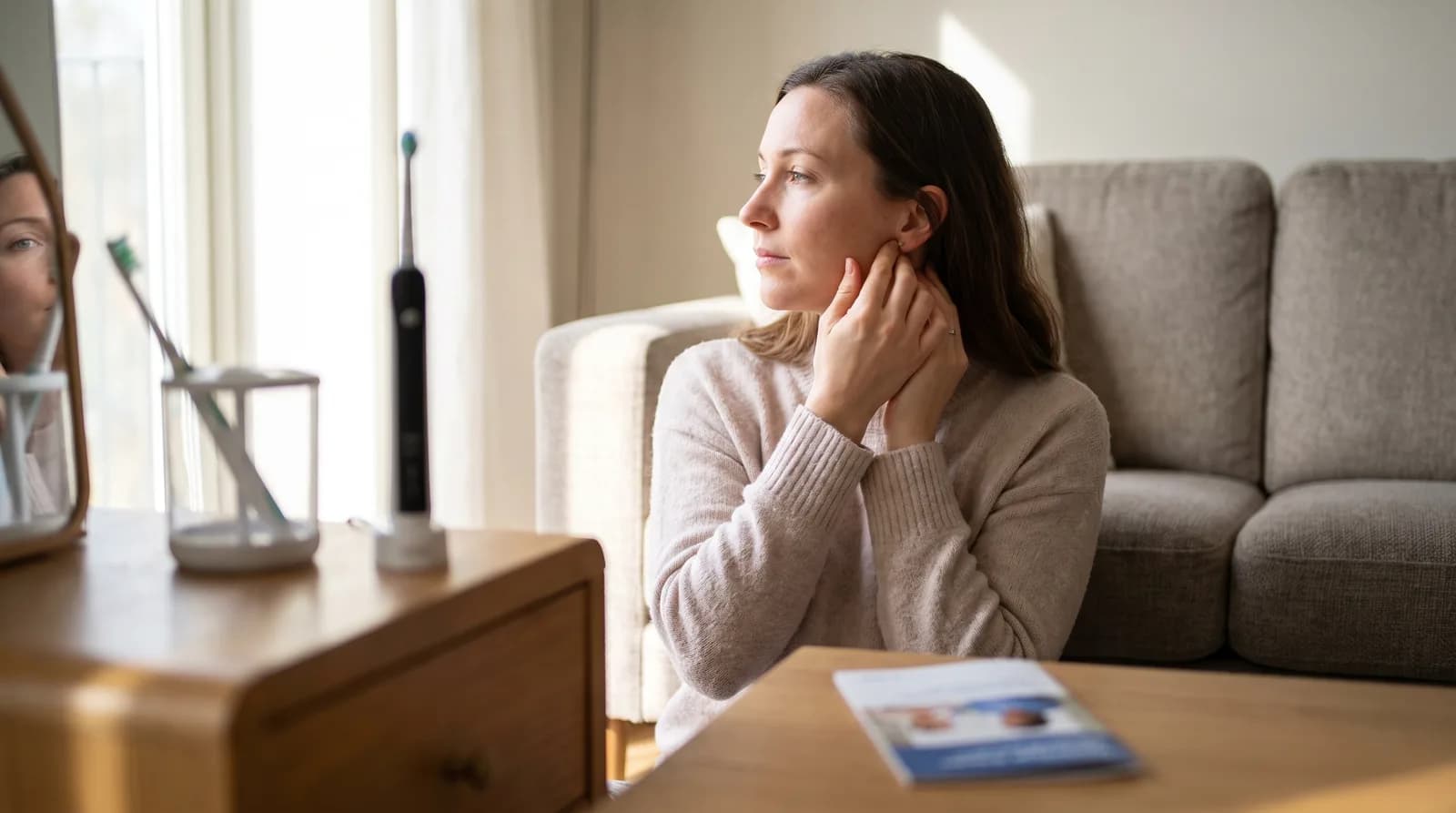 TMJ disorder symptoms: a person touching their jaw near the ear because of jaw discomfort