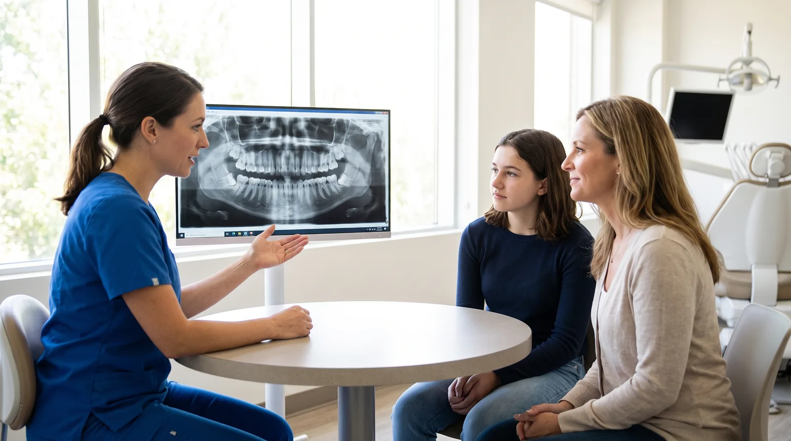 When should wisdom teeth be removed: dentist reviewing a teen's wisdom teeth X-ray