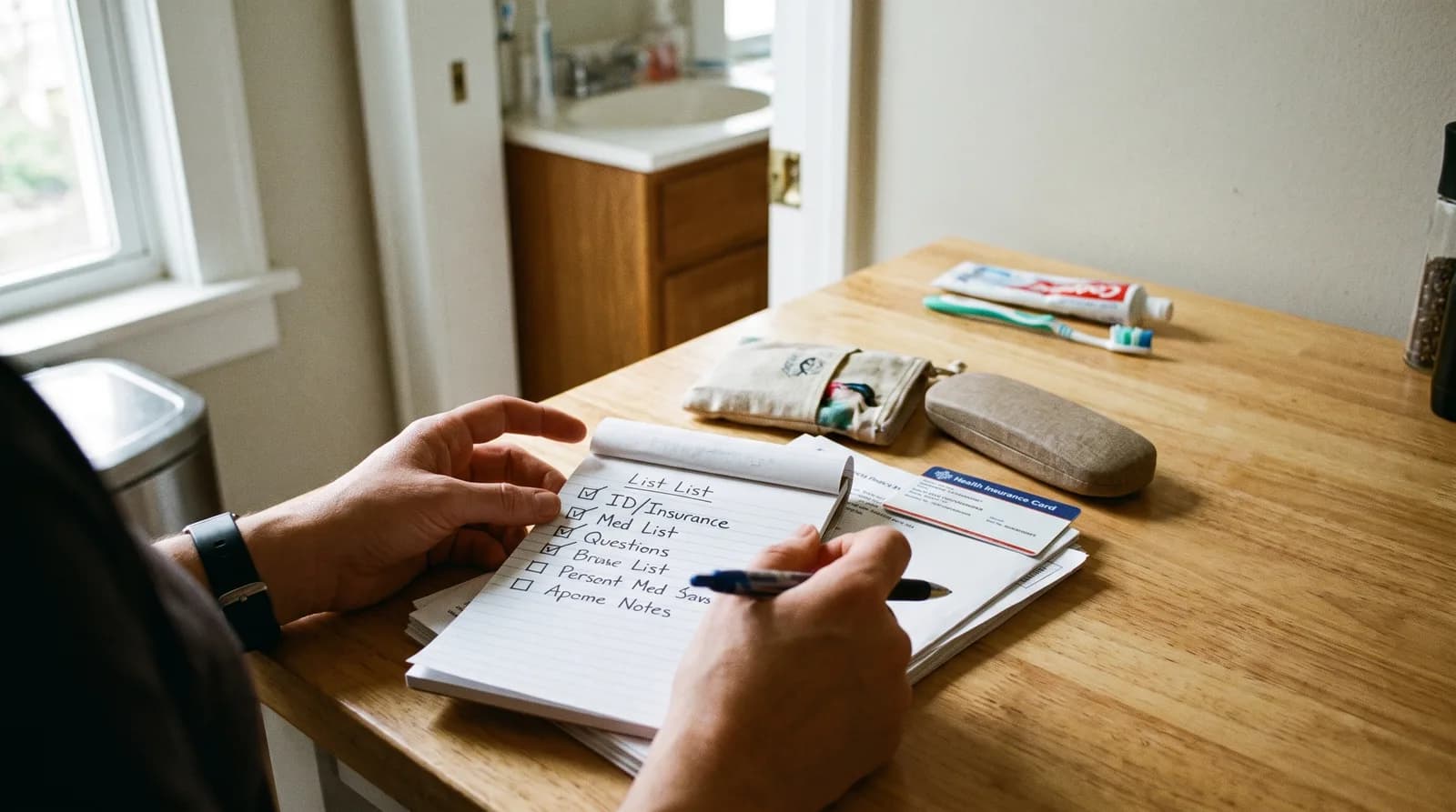 Checklist and ID card ready on a table before a first dental appointment