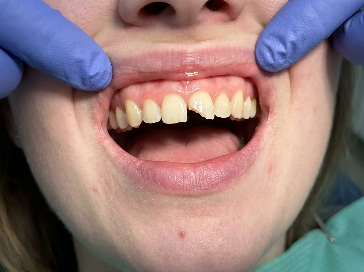A chipped front tooth, smoothed and restored, before treatment